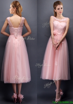 Lovely Hand Made Flowers and Applique Scoop Dama Dresses  in Baby Pink