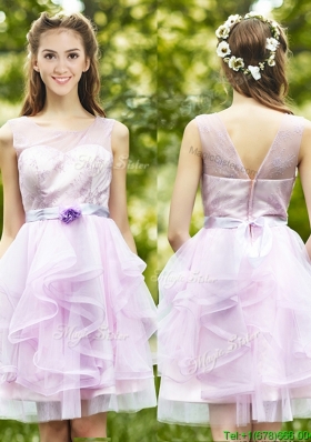 See Through Scoop Short Bridesmaid Dress with Sashes and Ruffles