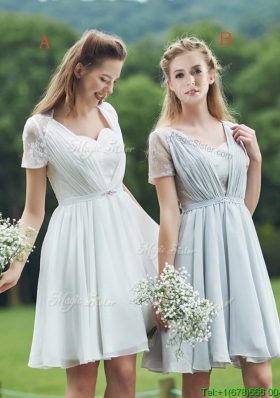 Popular Short Sleeves Bridesmaid Dress with Belt and Lace