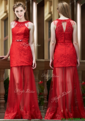 Cheap Belted Red Long Prom Dresses in Tulle and Lace