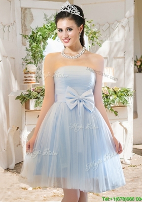Elegant A Line Strapless Bowknot Short  Prom Dresses in Light Blue