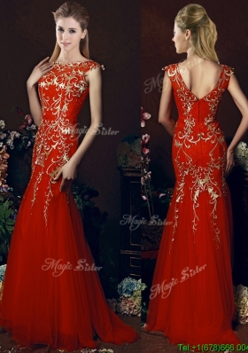 Elegant Mermaid Red Prom Dresses  with Gold Sequined Appliques