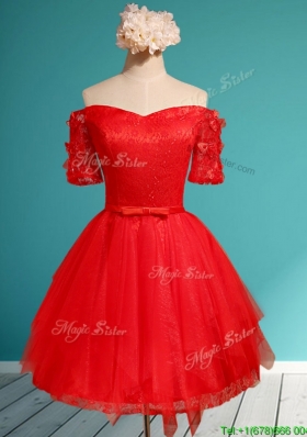 Most Popular Off the Shoulder Short Sleeves Red  Mother Dresses with Appliques and Belt