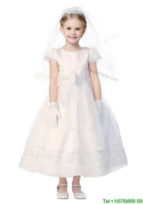 Classical Scoop Short Sleeves Flower Girl Dress with Appliques and Bowknot