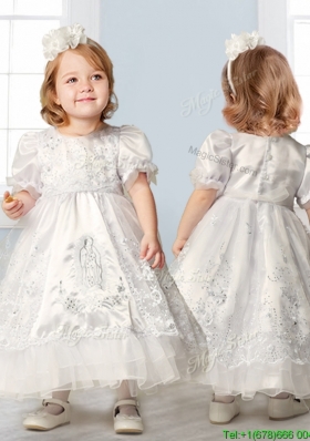 Discount Scoop Short Sleeves Flower Girl Dress with Embroidery and Lace
