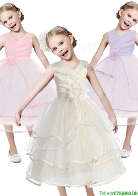 Fashionable V Neck Flower Girl  Dress with Hand Made Flowers and Ruffled Layers