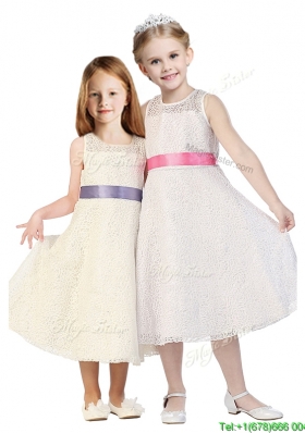 See Through Scoop Flower Girl Dress with Belt and Lace