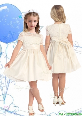 Classical Scoop Short Sleeves Champagne Flower Girl  Dress with Lace and Belt