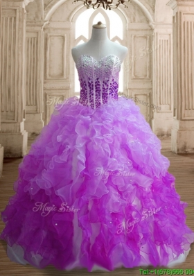 Modest Lilac and Fuchsia Sweet 16 Dress with Beading and Ruffles
