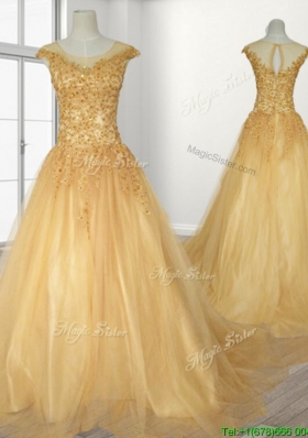 See Through Scoop A Line Beading Quinceanera Gown with Brush Train