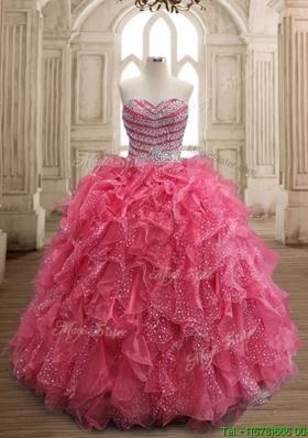 Fashionable Beaded and Ruffled Coral Red Quinceanera Dress in Organza