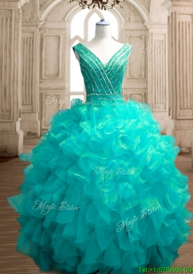 Fashionable Deep V Neckline Sweet 16 Dress with Beading and Ruffles