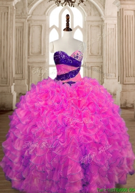 Inexpensive Big Puffy Hot Pink Quinceanera Dress with Beading and Ruffles