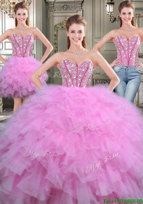 Lovely Beaded and Ruffled Tulle Detachable Quinceanera Dresses in Lilac