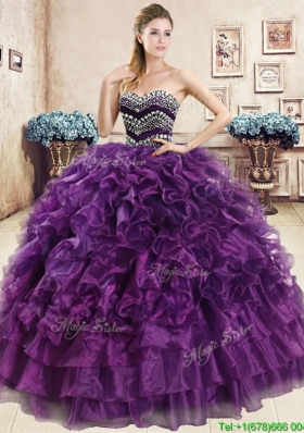 Romantic Beaded and Ruffled Organza Quinceanera Dress in Purple