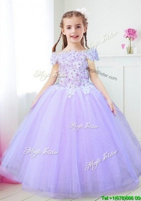 Modest Off the Shoulder Lavender Flower Girl Dress with Appliques and Beading