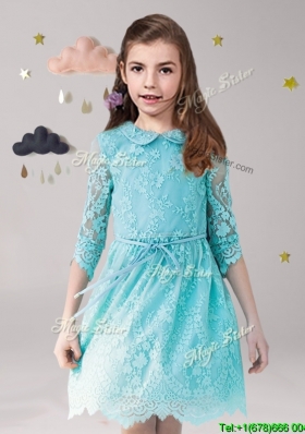 Unique Scoop Laced and Sashed Flower Girl Dress in Aqua Blue