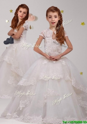 Unique Scoop Short Sleeves White Flower Girl Dress with Lace