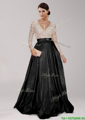 2016 Luxurious Deep V Neckline Long Sleeves Black Prom Dress with Beading and Belt