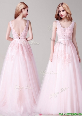 Beautiful V Neck Applique and Belted Prom Dress in Baby Pink