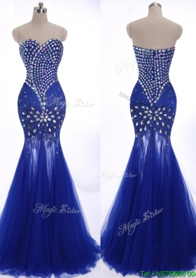 Elegant Mermaid Beading Brush Train Evening Dress in Royal Blue
