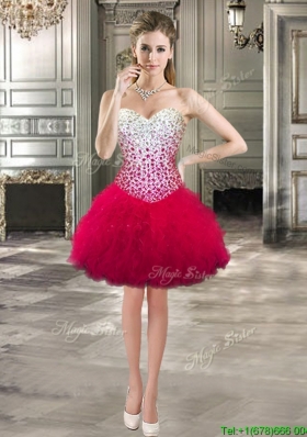 Popular Hot Pink Tulle Short Prom Dress with Beading and Ruffles