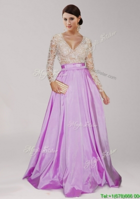 Perfect Deep V Neckline Long Sleeves Lilac Evening Dress with Beading and Belt