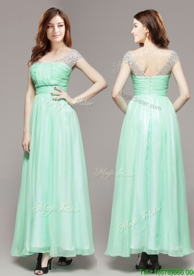 Affordable V Neck Cap Sleeves Apple Green Prom Dress with Beading