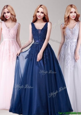 Affordable V Neck Tulle Evening Dress with Appliques and Belt