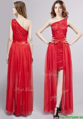 Cheap One Shoulder Red Detachable Evening Dress with Bowknot and Lace
