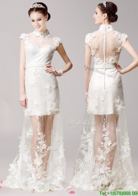 Elegant High Neck Cap Sleeves White Evening Dress with Lace and Appliques