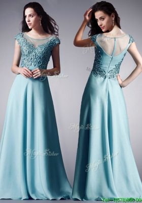 Luxurious Scoop Cap Sleeves Light Blue Prom Dress with Appliques