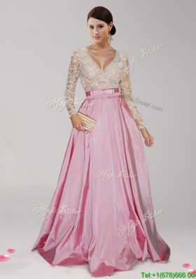 Sexy Deep V Neckline Long Sleeves Prom Dress with Beading and Belt
