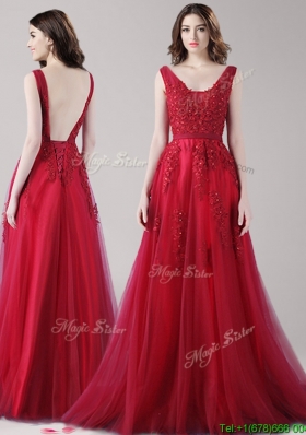 Cheap Straps Wine Red Prom Dress with Appliques and Belt