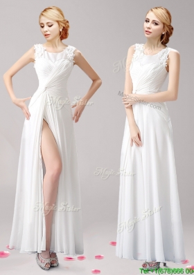 Fashionable High Slit Scoop White Prom Dress with Appliques