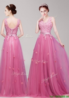Sexy Deep V Neckline Empire Prom Dress with Appliques and Belt