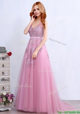 Wonderful V Neck Applique and Belted Prom Dress with Brush Train