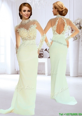 Popular Column Beaded and Laced Apple Green Wedding Dress with High Neck