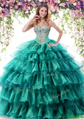 2017 Fashionable Ruffled Layers and Beaded Turquoise Quinceanera Dress in Organza