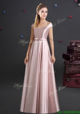 Beautiful Off the Shoulder Bowknot Long Dama Dress in Pink