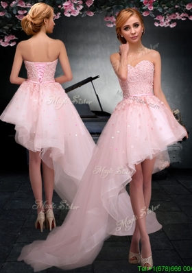 2017 Latest Lace Up Applique Baby Pink Prom Dress in Asymmetrical