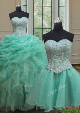 Ruffled and Bubble Beaded Bodice Turquoise Organza Detachable Quinceanera Dress