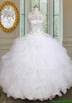 Unique See Through Scoop Beaded and Ruffled Quinceanera Dress in White