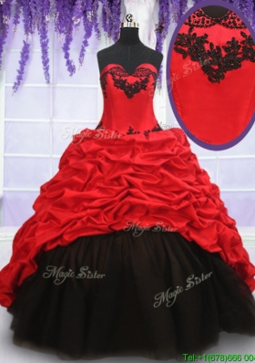 Top Seller Brush Train Red and Black Quinceanera Dress in Organza and Taffeta