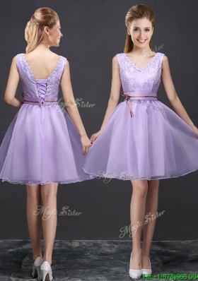 Classical V Neck Lavender Short Bridesmaid Dress with Belt and Lace