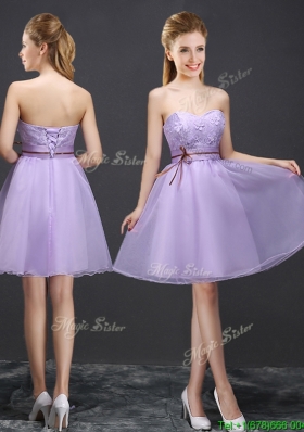 Exclusive Belted and Applique Lavender Prom Dress with Lace Up