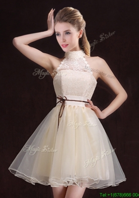 Popular See Through Halter Top Belted Organza Short Bridesmaid Dress