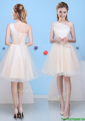 Romantic Bowknot One Shoulder Champagne Bridesmaid Dress in Tulle