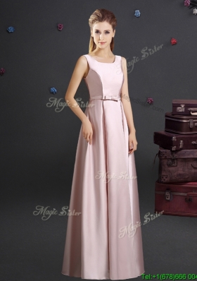 Romantic Square Pink Long Dama Dress with Bowknot