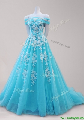 Elegant Off the Shoulder Beaded and Applique Prom Dress in Aqua Blue